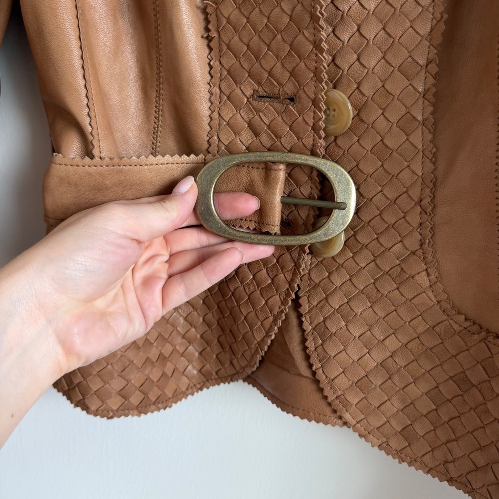 Vintage Y2K Worth Genuine Leather‎ Woven Belted Blazer Jacket - Picture 5 of 10